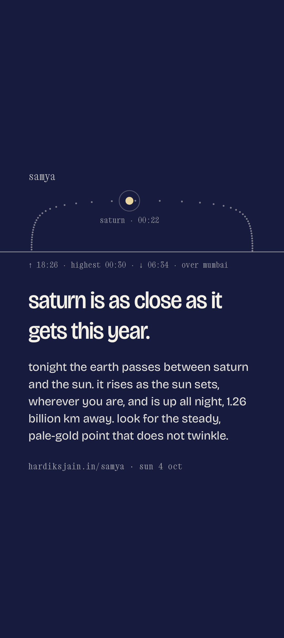 the card to send. saturn's real path over mumbai that night, and a sentence that is true wherever it is opened.